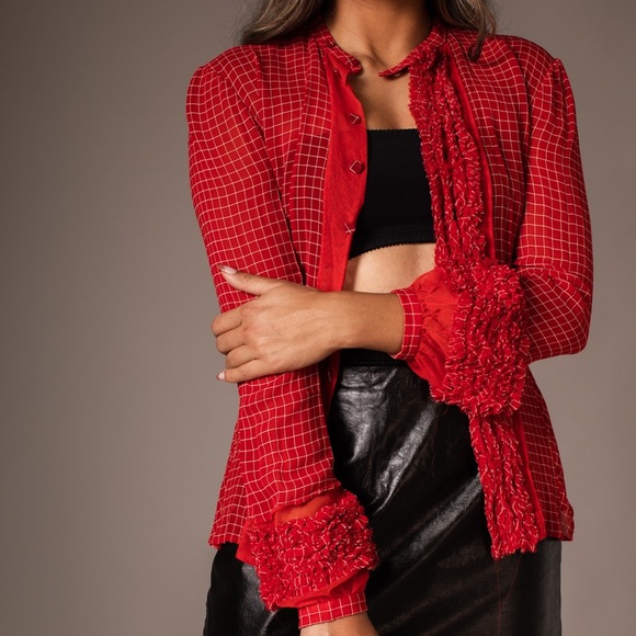 Red & white rayon crepe / tulle Jean Paul Gaultier Femme blouse. - Picture 2 of 7